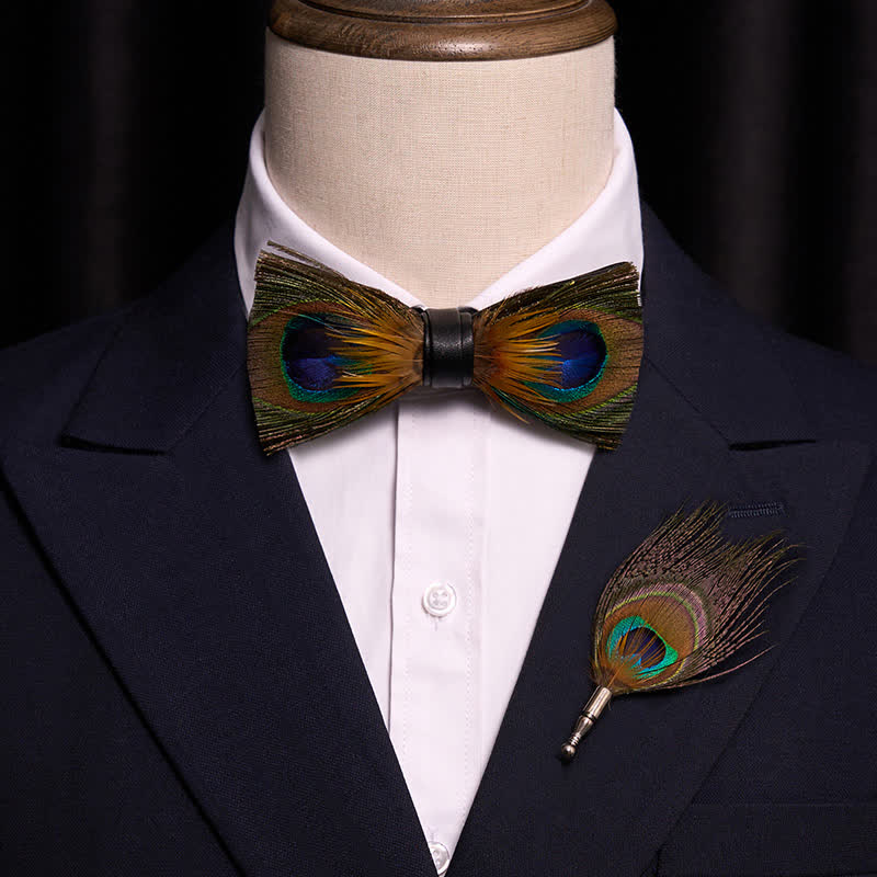 Green Peafowl Eyes Feather Bow Tie with Lapel Pin - image 1