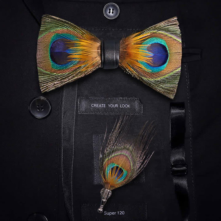 Green Peafowl Eyes Feather Bow Tie with Lapel Pin - Green - image 0