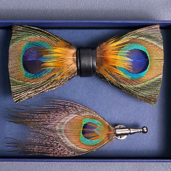 Green Peafowl Eyes Feather Bow Tie with Lapel Pin - image 3