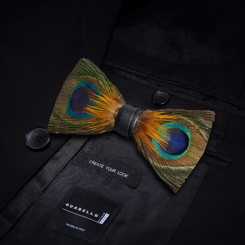 Green Peafowl Eyes Feather Bow Tie with Lapel Pin - image 2