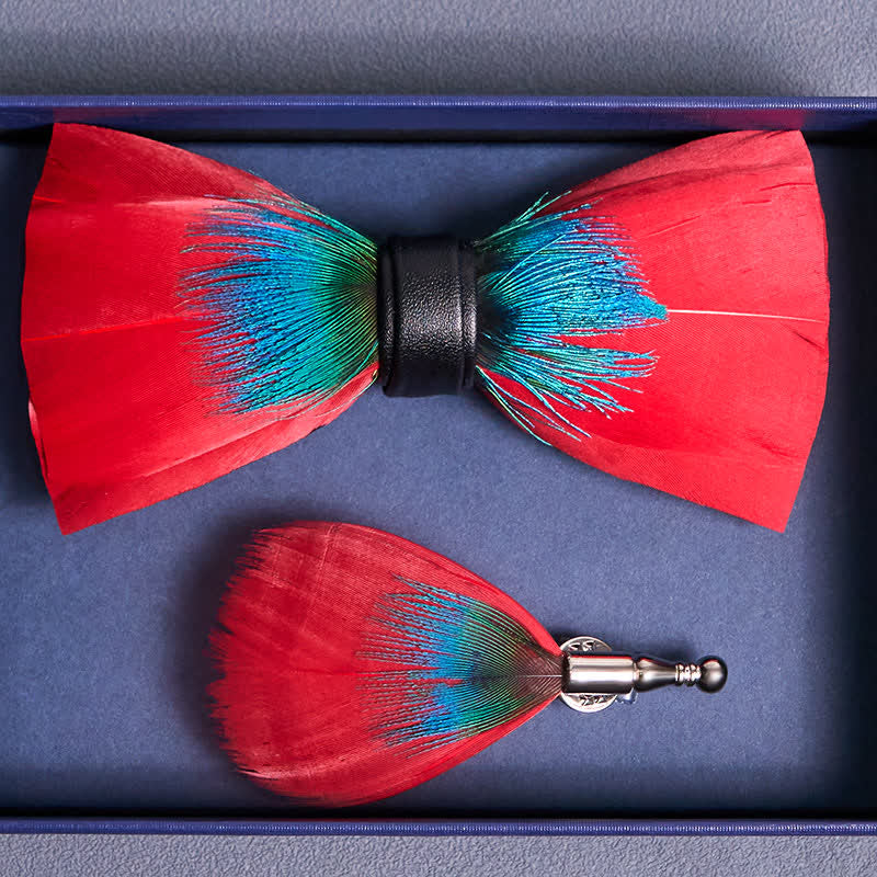 Exotic Red & Blue Feather Bow Tie with Lapel Pin - image 3