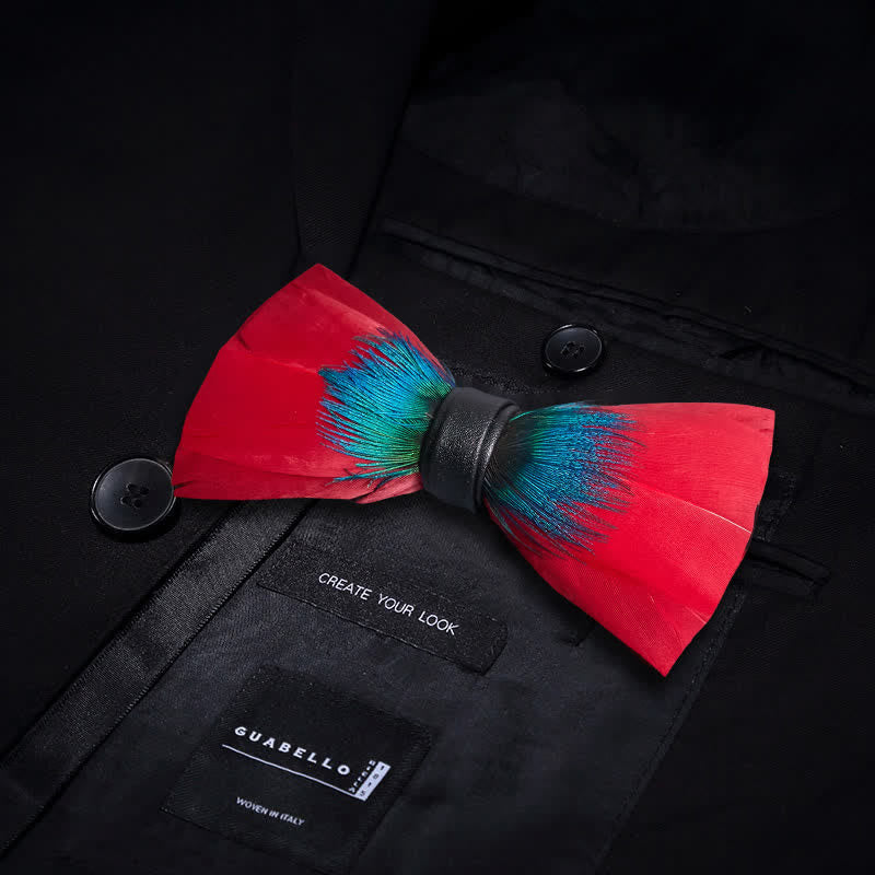 Exotic Red & Blue Feather Bow Tie with Lapel Pin - image 2