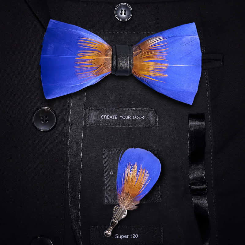 Cool Royal Blue & Orange Feather Bow Tie with Lapel Pin - Royal Blue & Orange - image 0
