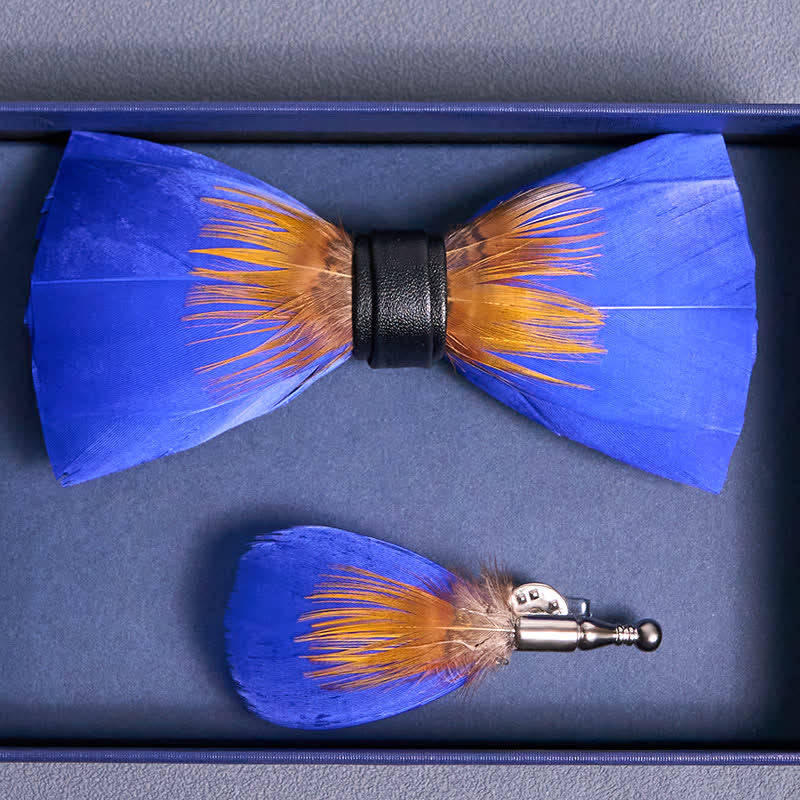 Cool Royal Blue & Orange Feather Bow Tie with Lapel Pin - image 3