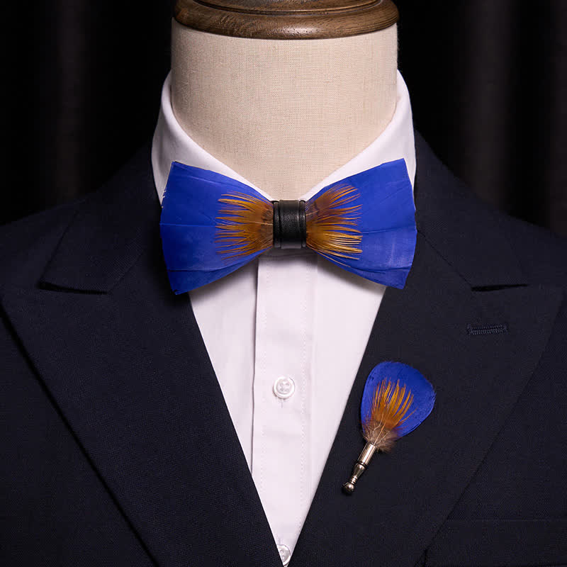 Cool Royal Blue & Orange Feather Bow Tie with Lapel Pin - image 1