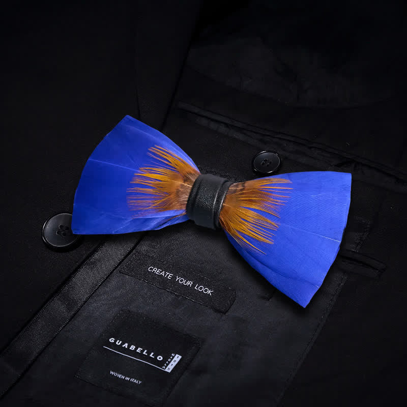 Cool Royal Blue & Orange Feather Bow Tie with Lapel Pin - image 2
