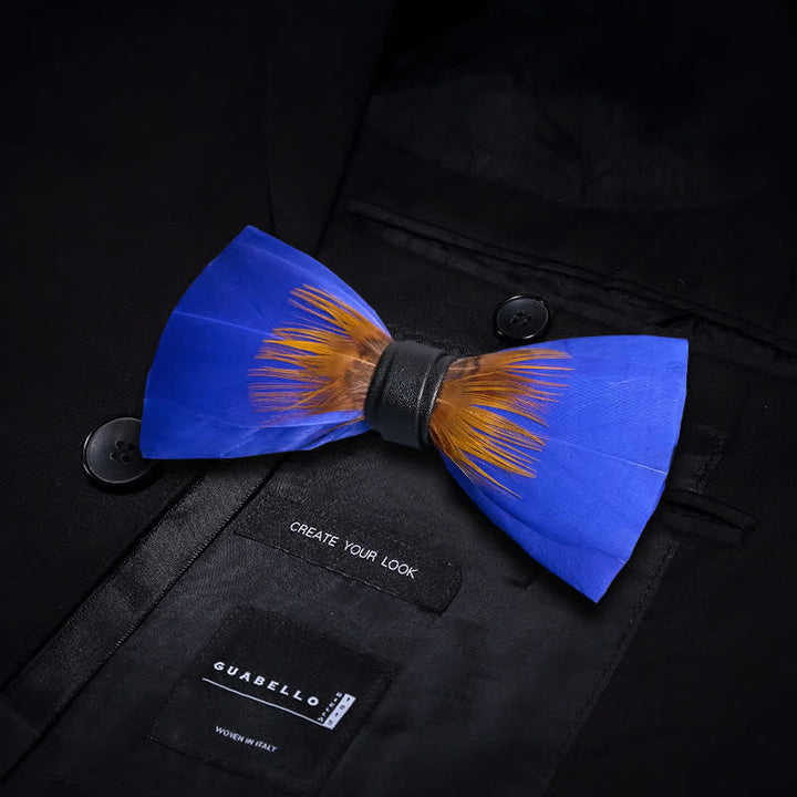 Cool Royal Blue & Orange Feather Bow Tie with Lapel Pin - image 2