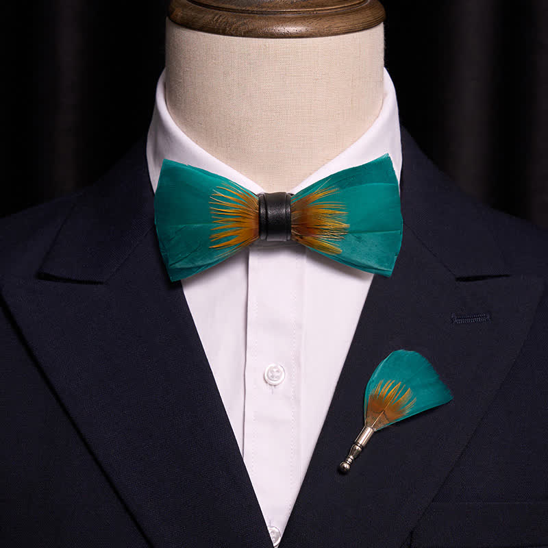 Forestgreen & Yellow Feather Bow Tie with Lapel Pin - image 1