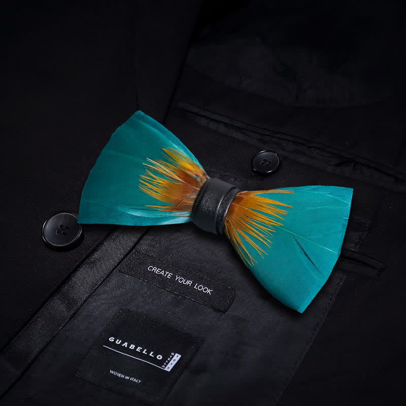 Forestgreen & Yellow Feather Bow Tie with Lapel Pin - image 2