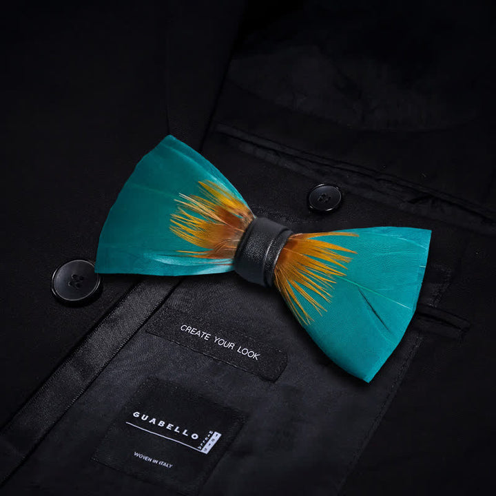 Forestgreen & Yellow Feather Bow Tie with Lapel Pin - image 2