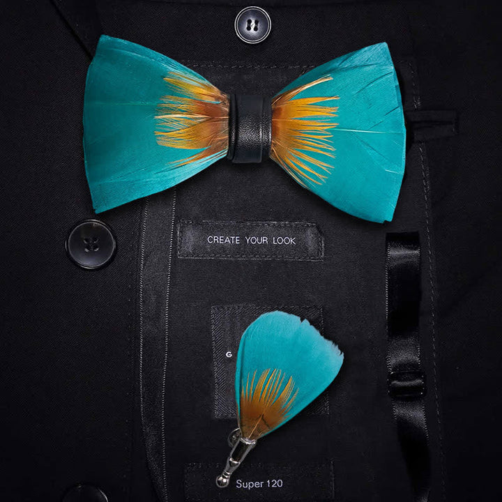 Forestgreen & Yellow Feather Bow Tie with Lapel Pin - Forestgreen & Yellow - image 0