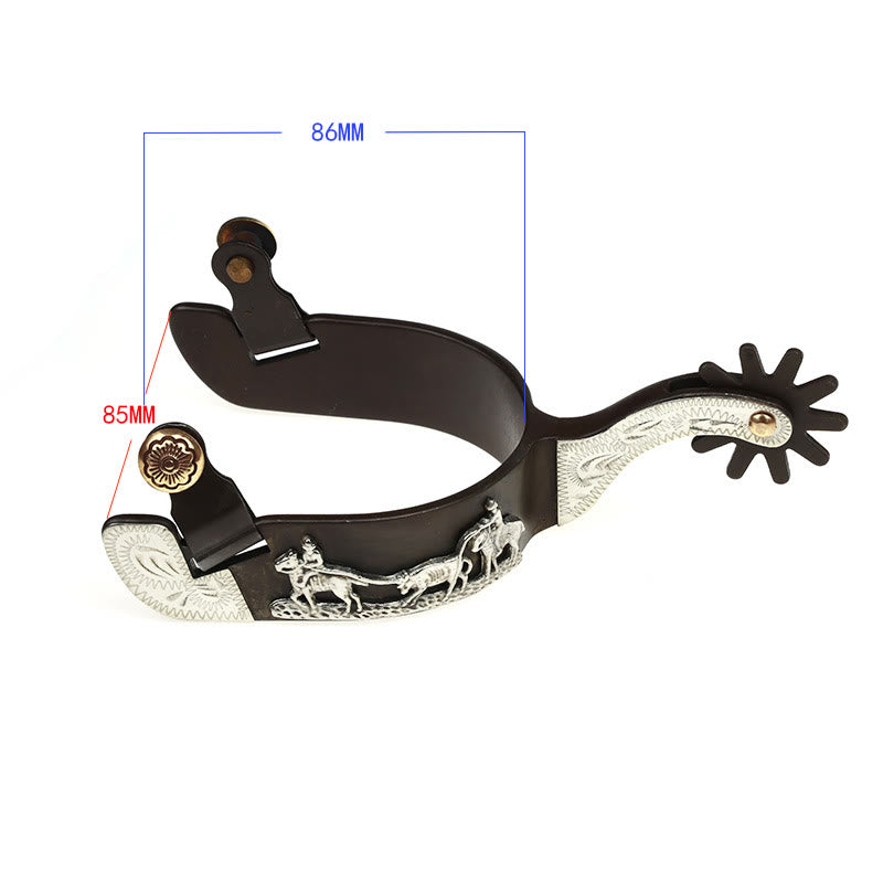 Copper Inlaid Horseman With Carved Edges Cowboy Spurs - image 4