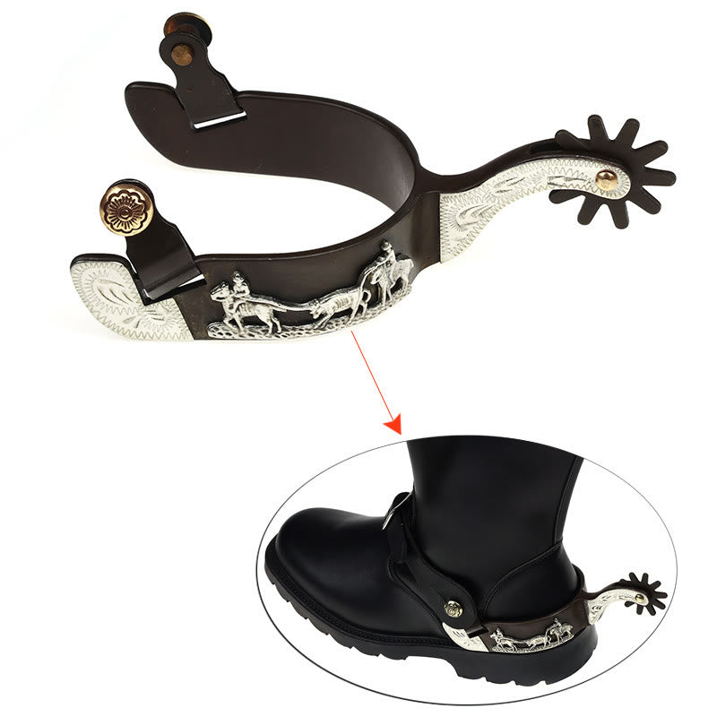 Copper Inlaid Horseman With Carved Edges Cowboy Spurs - image 2