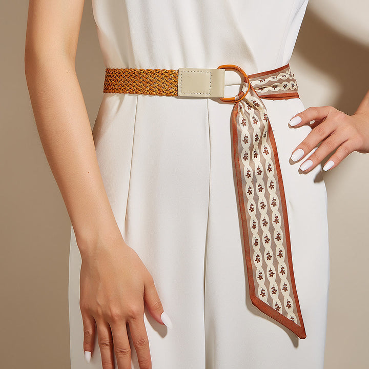 Printed Woven Double Loop Buckle Women's Silk Belt - Orange - image 0