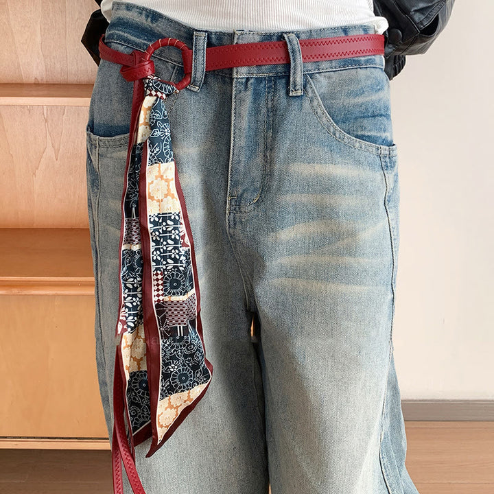 Fashion Leather Printed Women's Silk Belt - Red - image 2