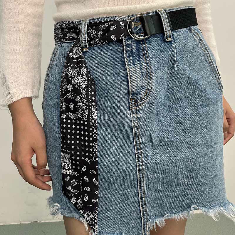 Fashionable Black Double-Loop Printed Silk Belt - Black - image 0