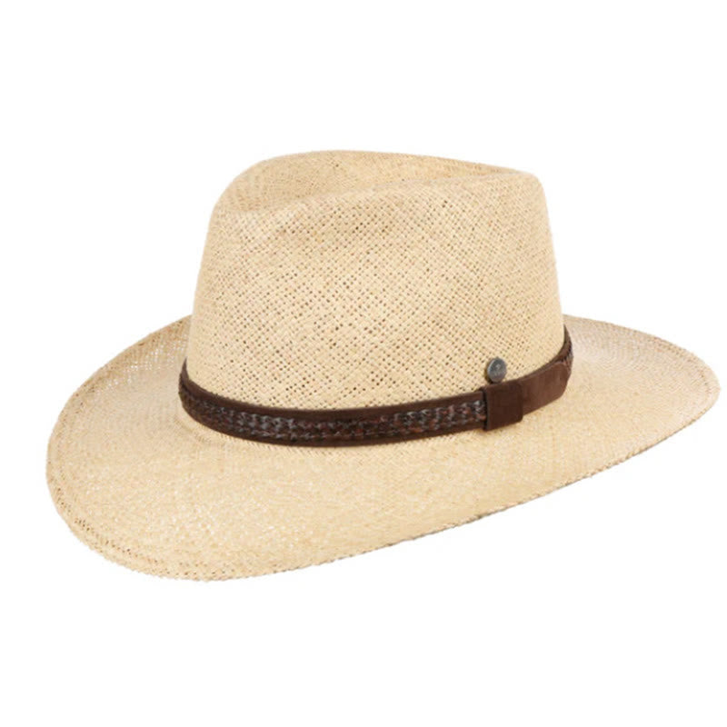 Hand Woven Solid Color With Strap Men's Cowboy Hat - Beige+Fried Dough Twists Belt - L (22 7/8"-23 5/8") - image 6