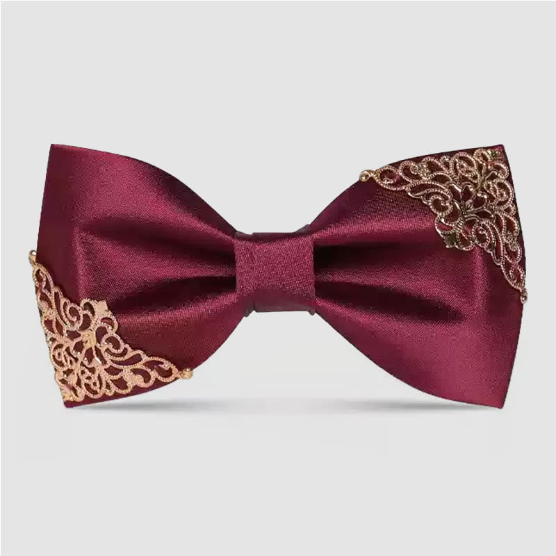 Men's Burgundy Metal Leaves Embellishment Bow Tie - Style #2 - image 9