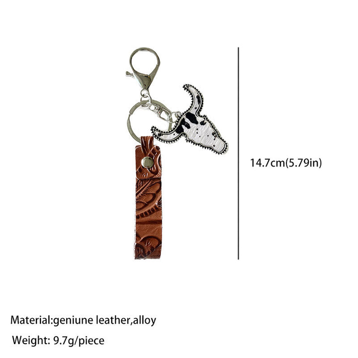 Western Style Brown Leather Bull Pendant Keychain - image 5