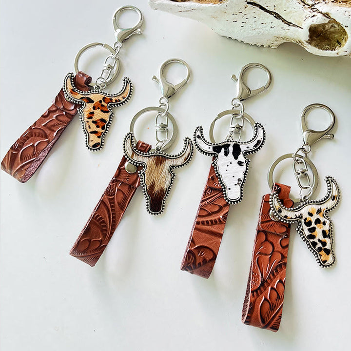 Western Style Brown Leather Bull Pendant Keychain - image 0