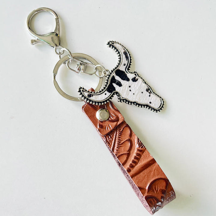 Western Style Brown Leather Bull Pendant Keychain - Style #1 - image 1