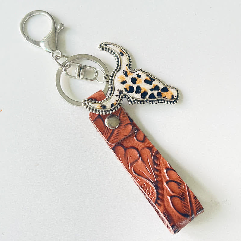 Western Style Brown Leather Bull Pendant Keychain - Style #2 - image 2