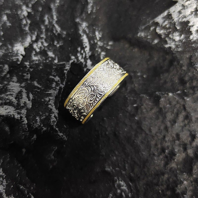 Adjustable Opening Gold Silver Grass Patterned Ring - image 1
