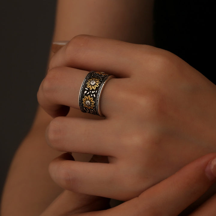 Adjustable Retro Silver Dyed Black Flower Ring - image 1