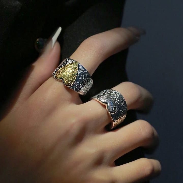 Adjustable Gold And Silver Contrasting Grass Patterned Heart Ring - image 4