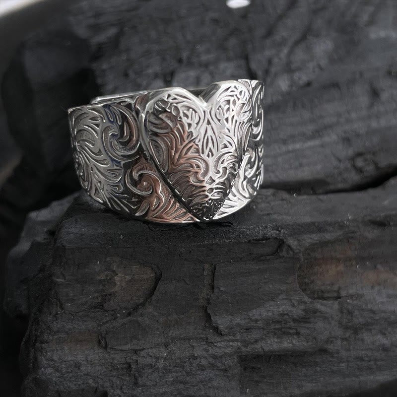 Adjustable Gold And Silver Contrasting Grass Patterned Heart Ring - Silver - Adjustable - image 2