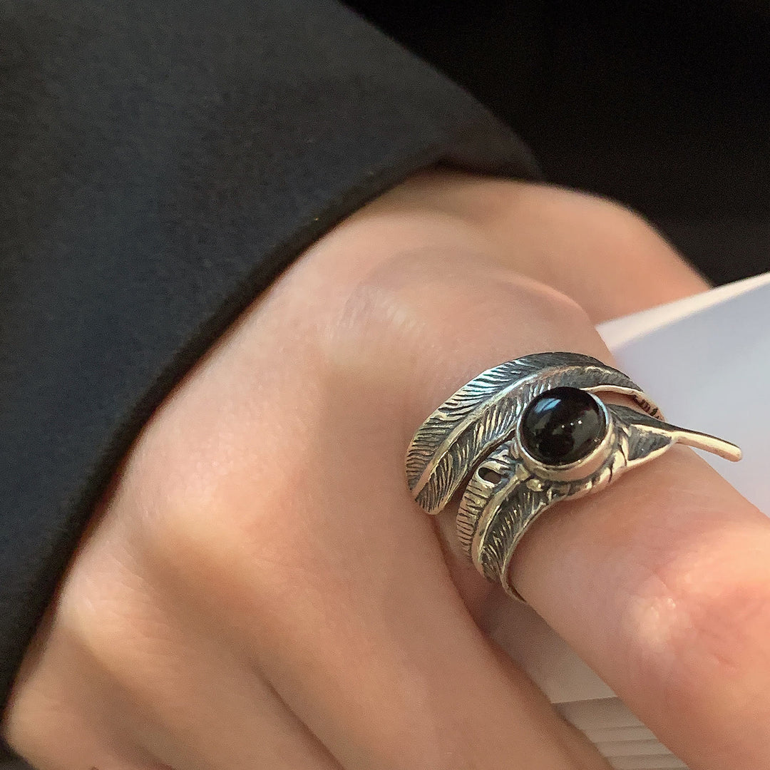 Vintage Silver Enamel Black Dropped Feather Ring - image 1