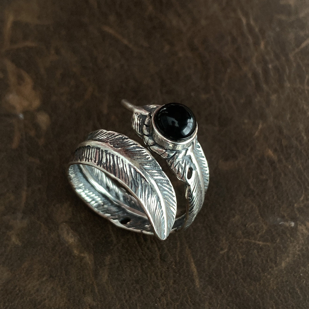 Vintage Silver Enamel Black Dropped Feather Ring - Silver - Adjustable - image 0