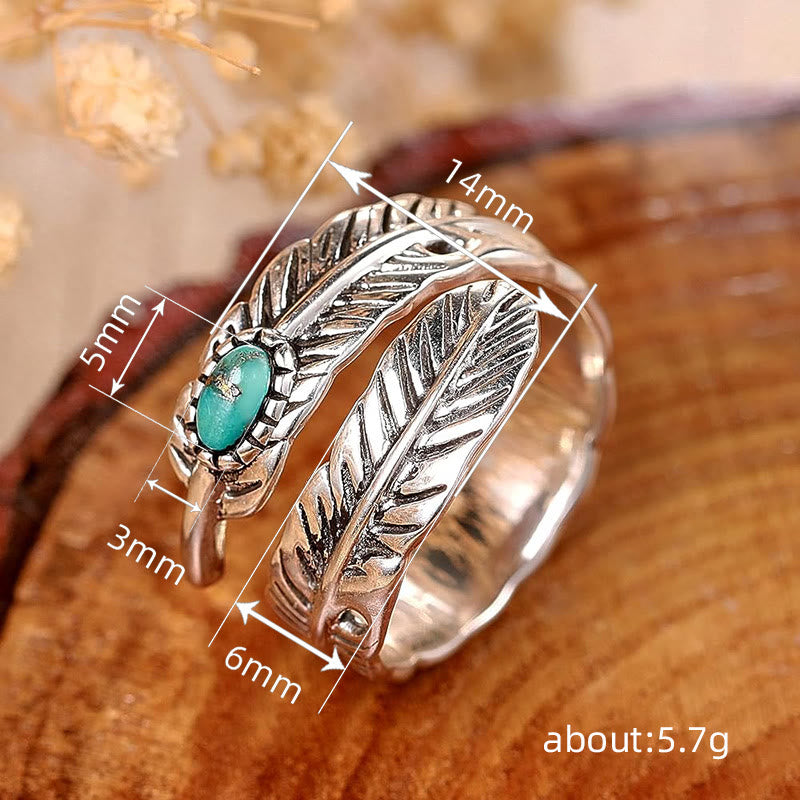 Silver Bohemian Style Inlaid Turquoise Feather Ring - image 5