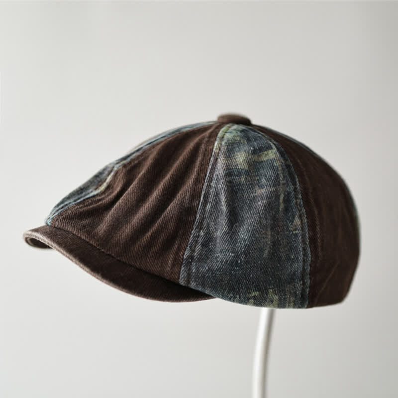 Retro Denim Color-Blocked Octagonal Beret Hat - Coffee Brown - M (22"-22 7/8") - image 1