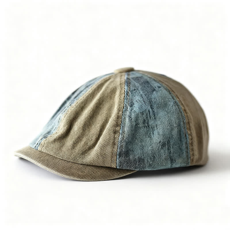 Retro Denim Color-Blocked Octagonal Beret Hat - Khaki - M (22"-22 7/8") - image 0