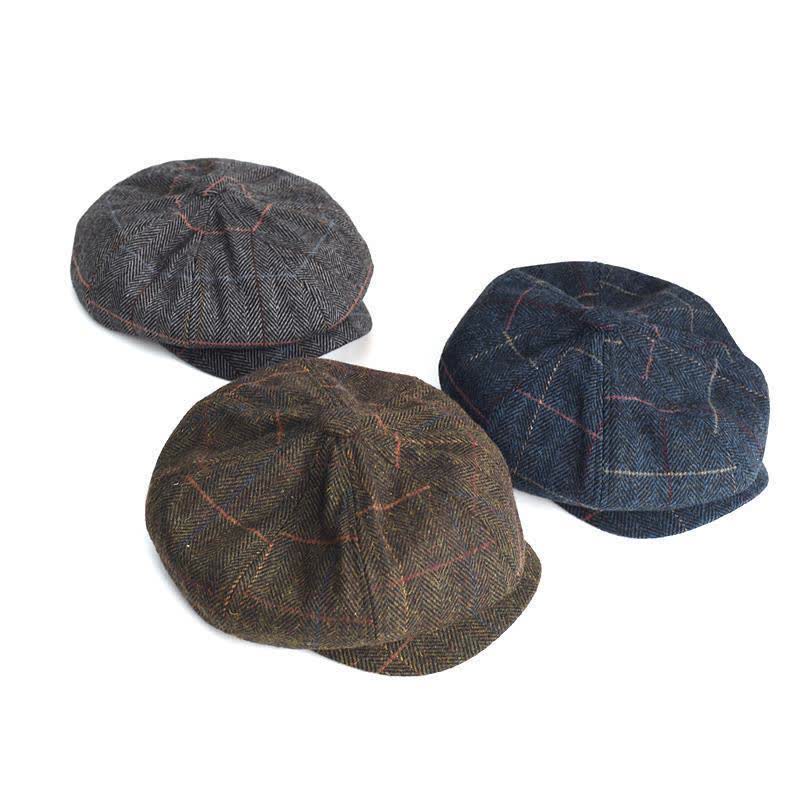 Herringbone & Plaid Warm Wool Blend Octagonal Beret Hat - image 1