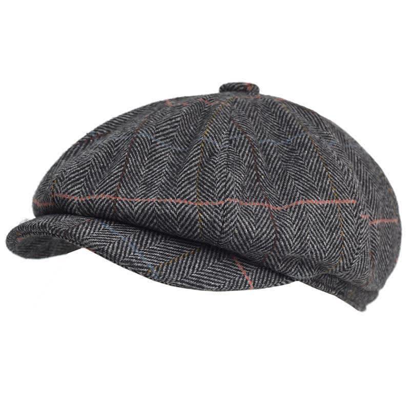 Herringbone & Plaid Warm Wool Blend Octagonal Beret Hat - Gray - Adjustable (22 1/2"-23 5/8") - image 7