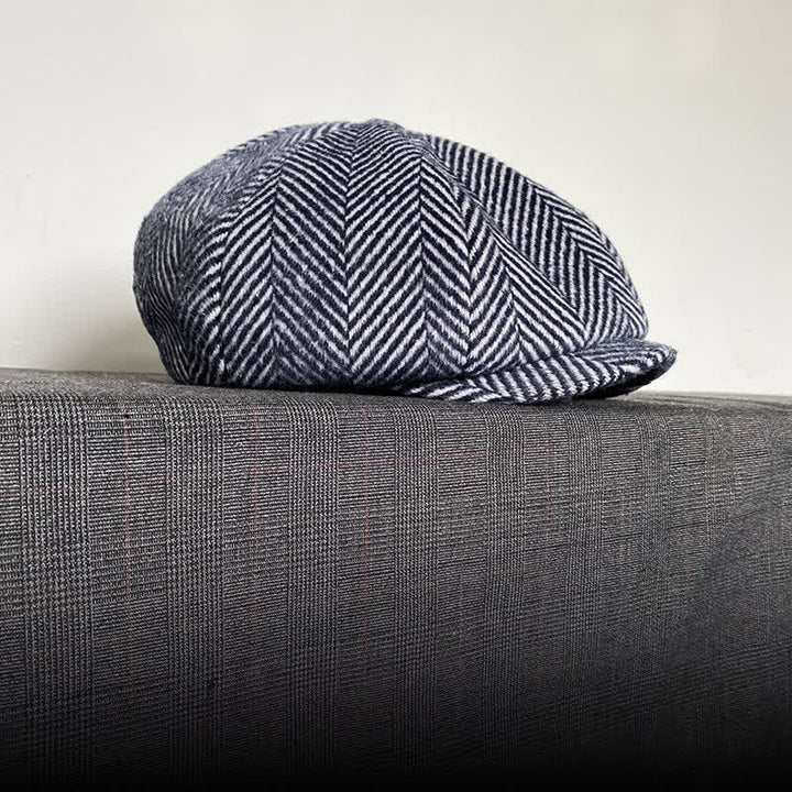 Navy Herringbone Pattern Winter Wool Octagonal Beret Hat - image 4
