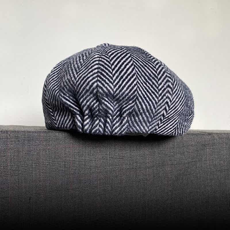 Navy Herringbone Pattern Winter Wool Octagonal Beret Hat - image 3