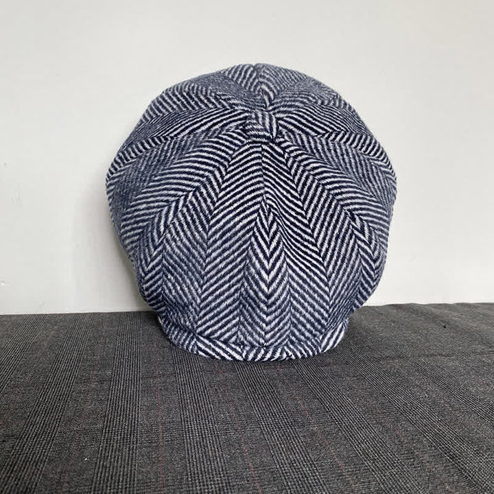 Navy Herringbone Pattern Winter Wool Octagonal Beret Hat - image 2