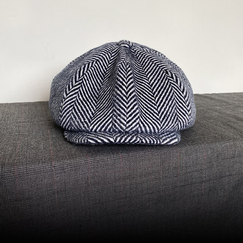 Navy Herringbone Pattern Winter Wool Octagonal Beret Hat - image 1
