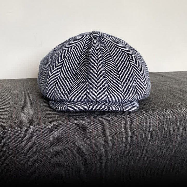 Navy Herringbone Pattern Winter Wool Octagonal Beret Hat - image 1