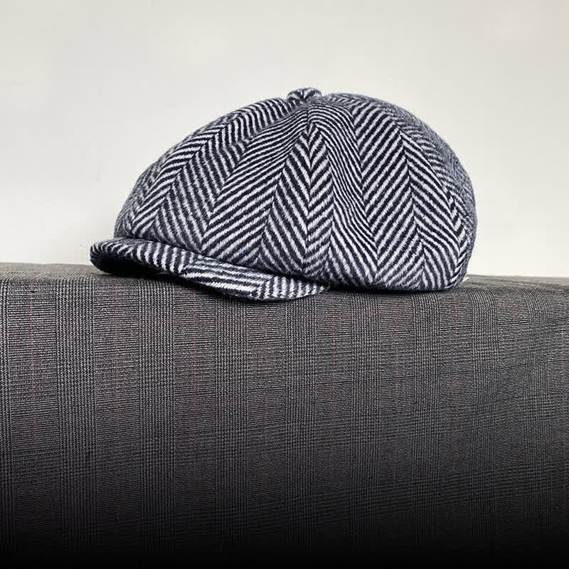 Navy Herringbone Pattern Winter Wool Octagonal Beret Hat - image 5