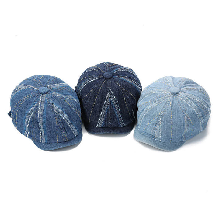 Denim Striped Newsboy Cap Octagonal Beret Hat - image 1