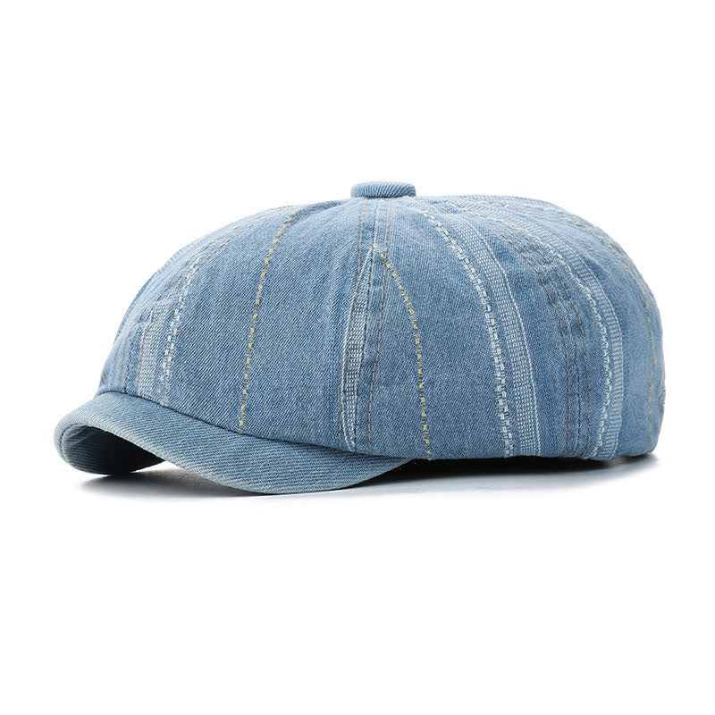 Denim Striped Newsboy Cap Octagonal Beret Hat - Light Blue - Adjustable (22"-23 1/4") - image 9