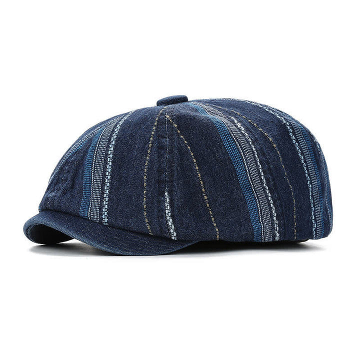 Denim Striped Newsboy Cap Octagonal Beret Hat - Dark Blue - Adjustable (22"-23 1/4") - image 0