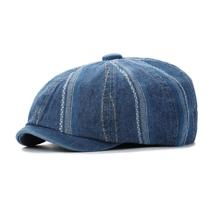 Denim Striped Newsboy Cap Octagonal Beret Hat - Blue - Adjustable (22"-23 1/4") - image 3