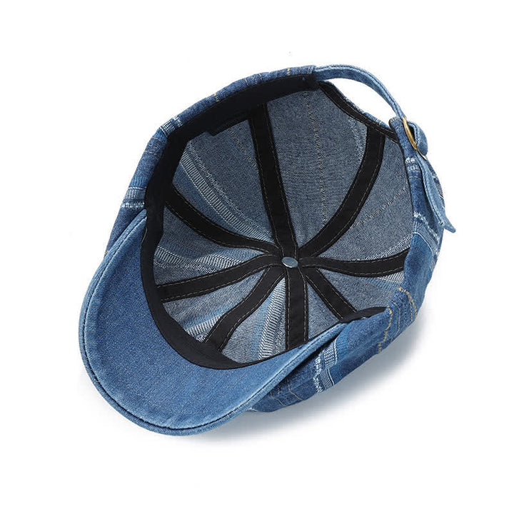 Denim Striped Newsboy Cap Octagonal Beret Hat - image 6