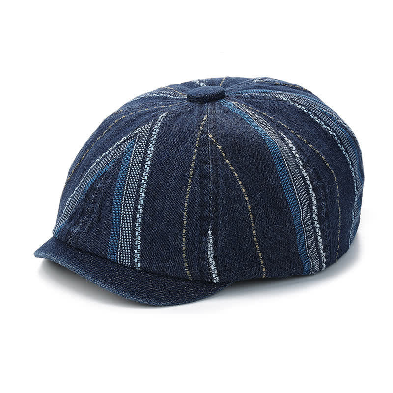 Denim Striped Newsboy Cap Octagonal Beret Hat - image 2