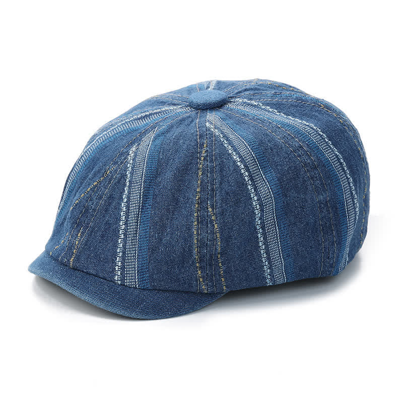 Denim Striped Newsboy Cap Octagonal Beret Hat - image 5